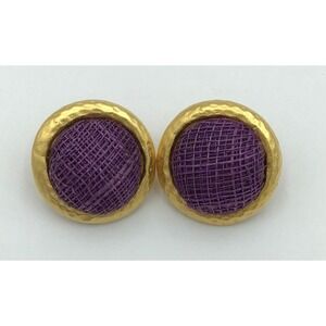 Vintage Ellen Designs Gold Tone Purple Woven Hammered Button Clip On Earrings